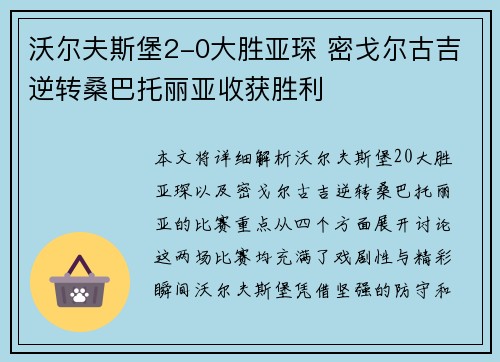 沃尔夫斯堡2-0大胜亚琛 密戈尔古吉逆转桑巴托丽亚收获胜利